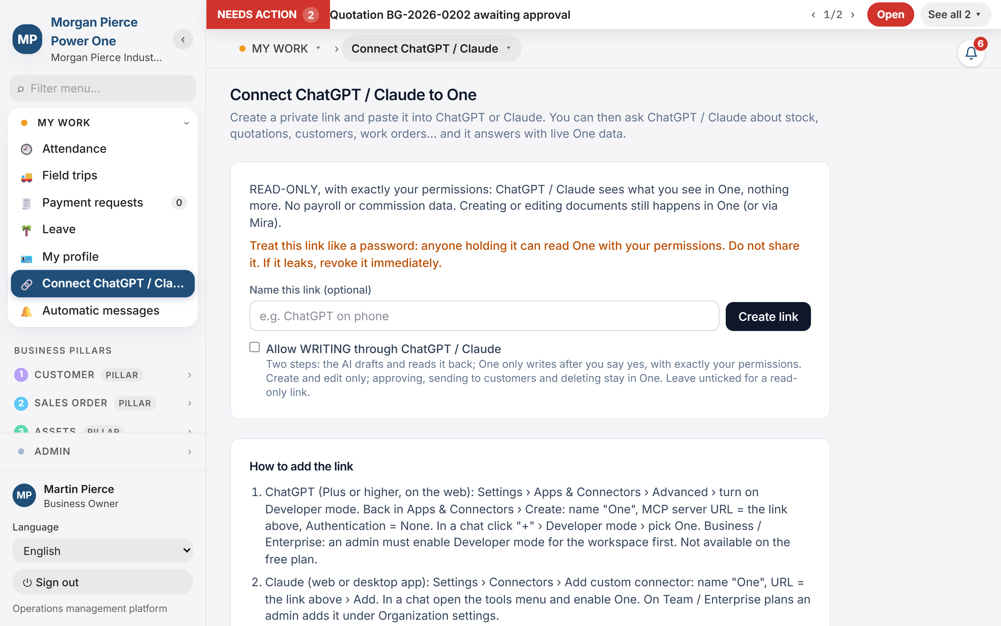 The screen where a person creates a private link for ChatGPT or Claude