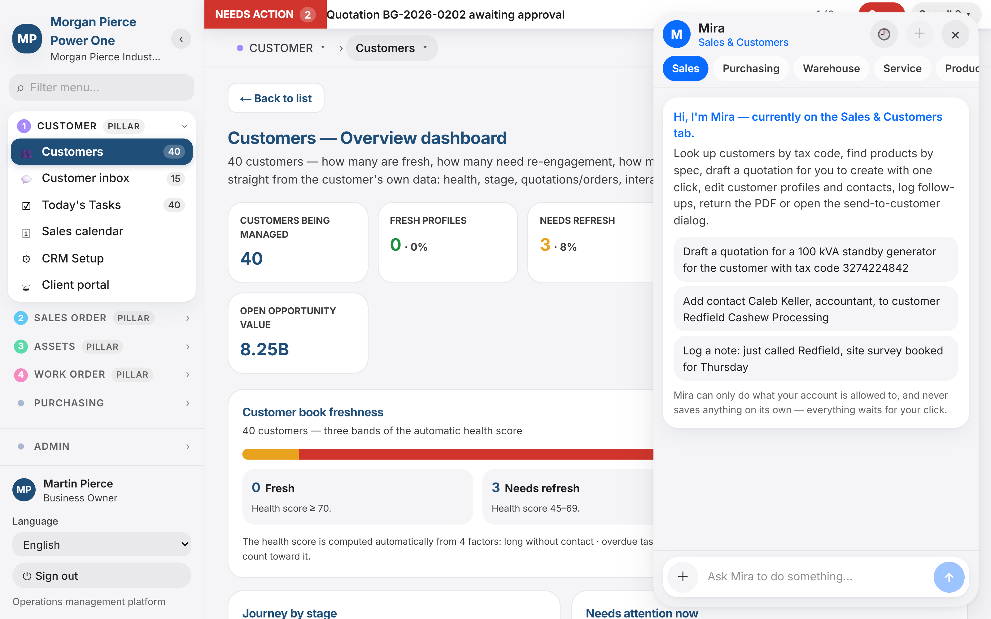 Mira, the assistant inside HeyOne, open beside the customer dashboard