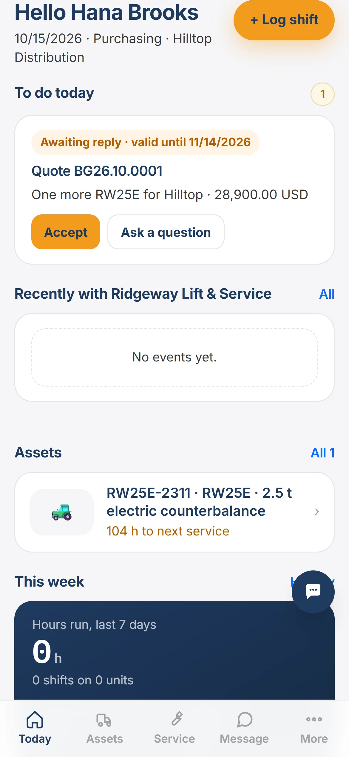 The customer portal on a phone: a quote waiting for a reply and a forklift 104 hours from its next service