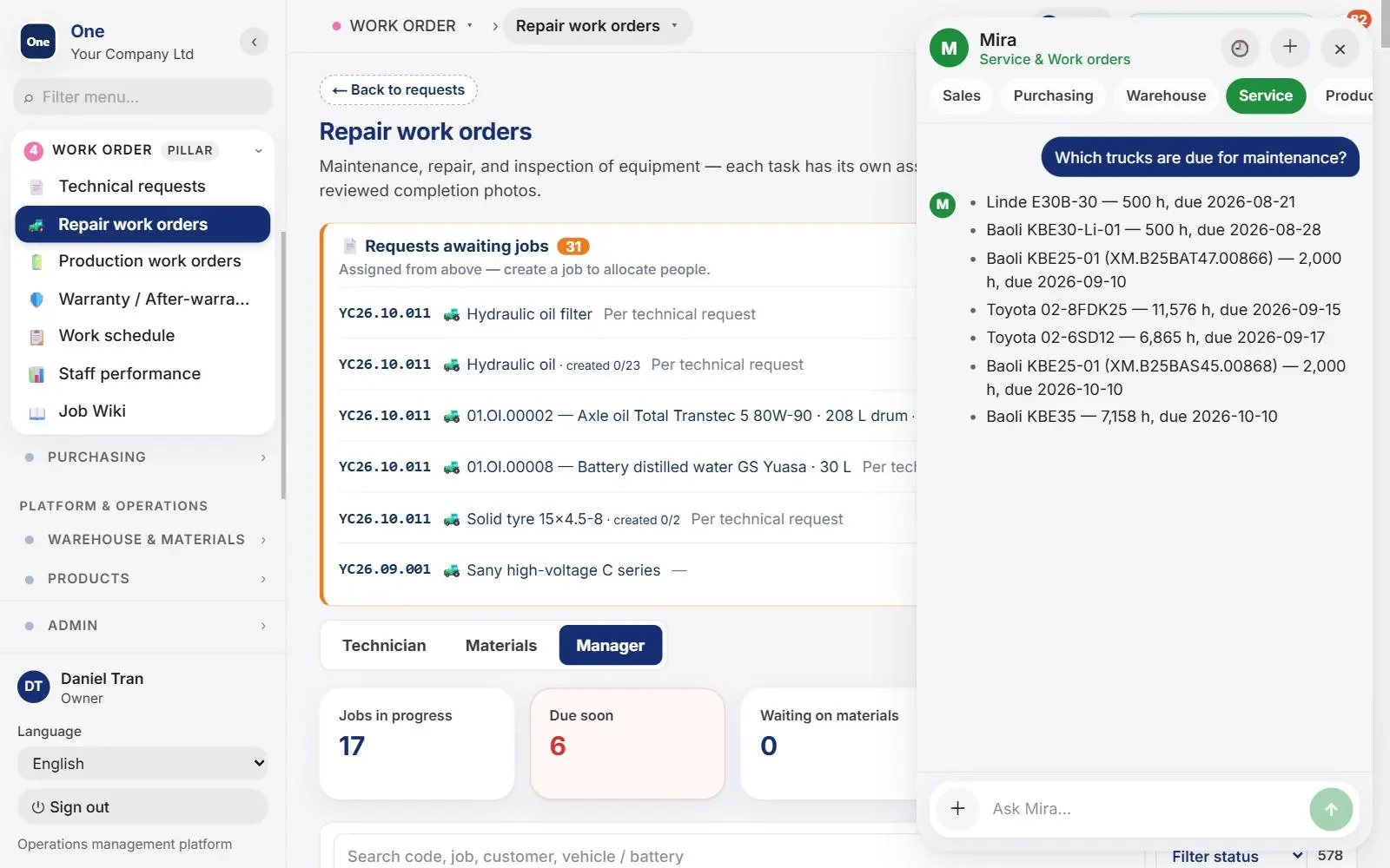 Mira listing the forklift repair orders that are due, beside the work order board