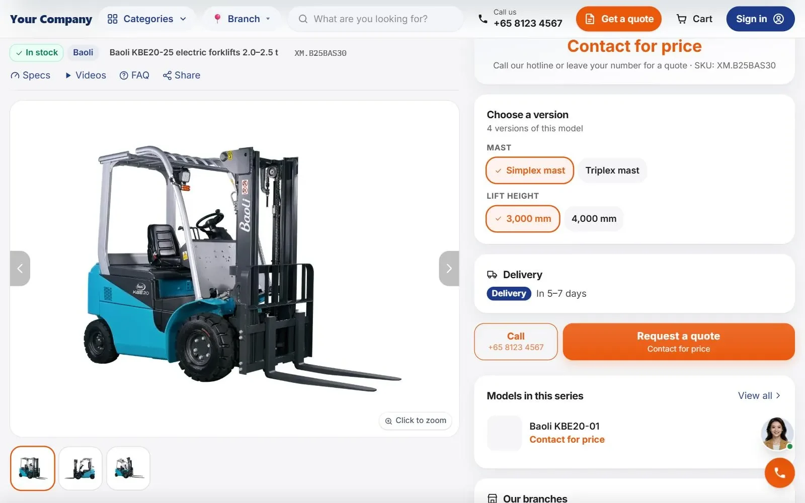 A forklift product page on a HeyOne website, with mast options, delivery time and a Request a quote button